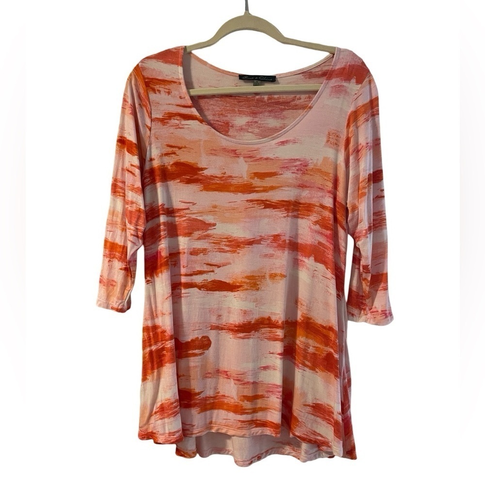 Rose and Olive Abstract 3/4 Sleeve Tunic Top Orange/White Stretchy Size 1X